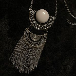 Silver Chain Tassel Necklace w/ White Detail